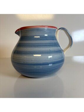 Furio Ceramic Water Pitcher Blue Red Striped Design Made in Italy Cottage Chic